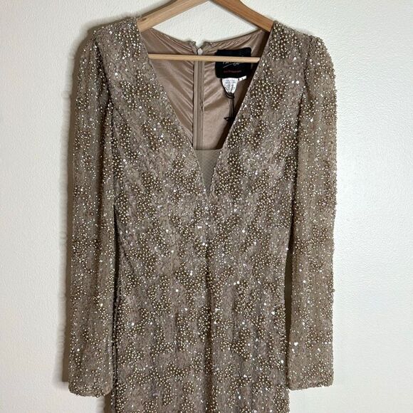 Mac duggal long sleeve sequin beaded sheath gown in mocha style 5177 size 6 - Picture 4 of 16